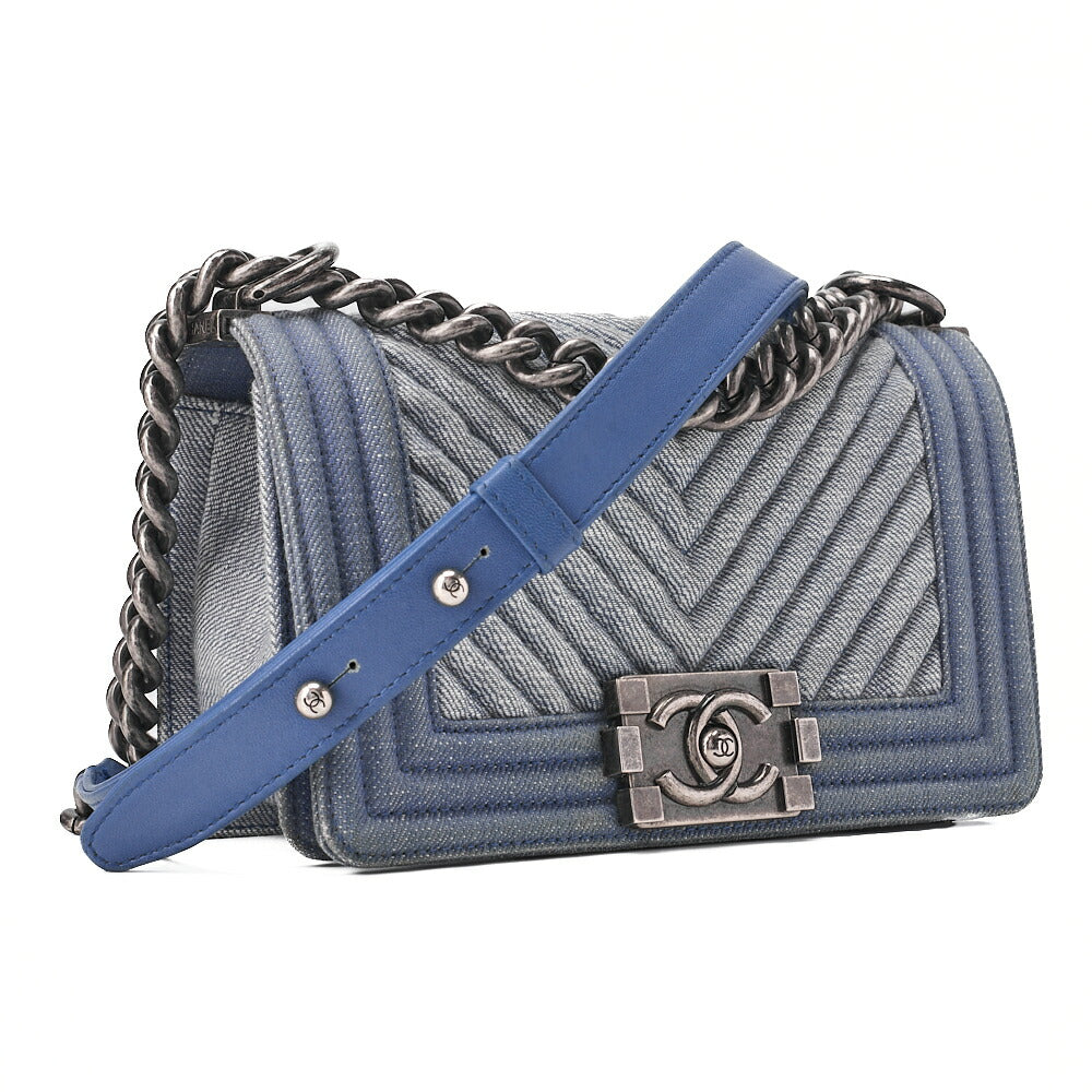 CHANEL Boy Chanel 20cm Chevron Chain Shoulder Denim Blue Silver-Tone Hardware, Pre-Owned