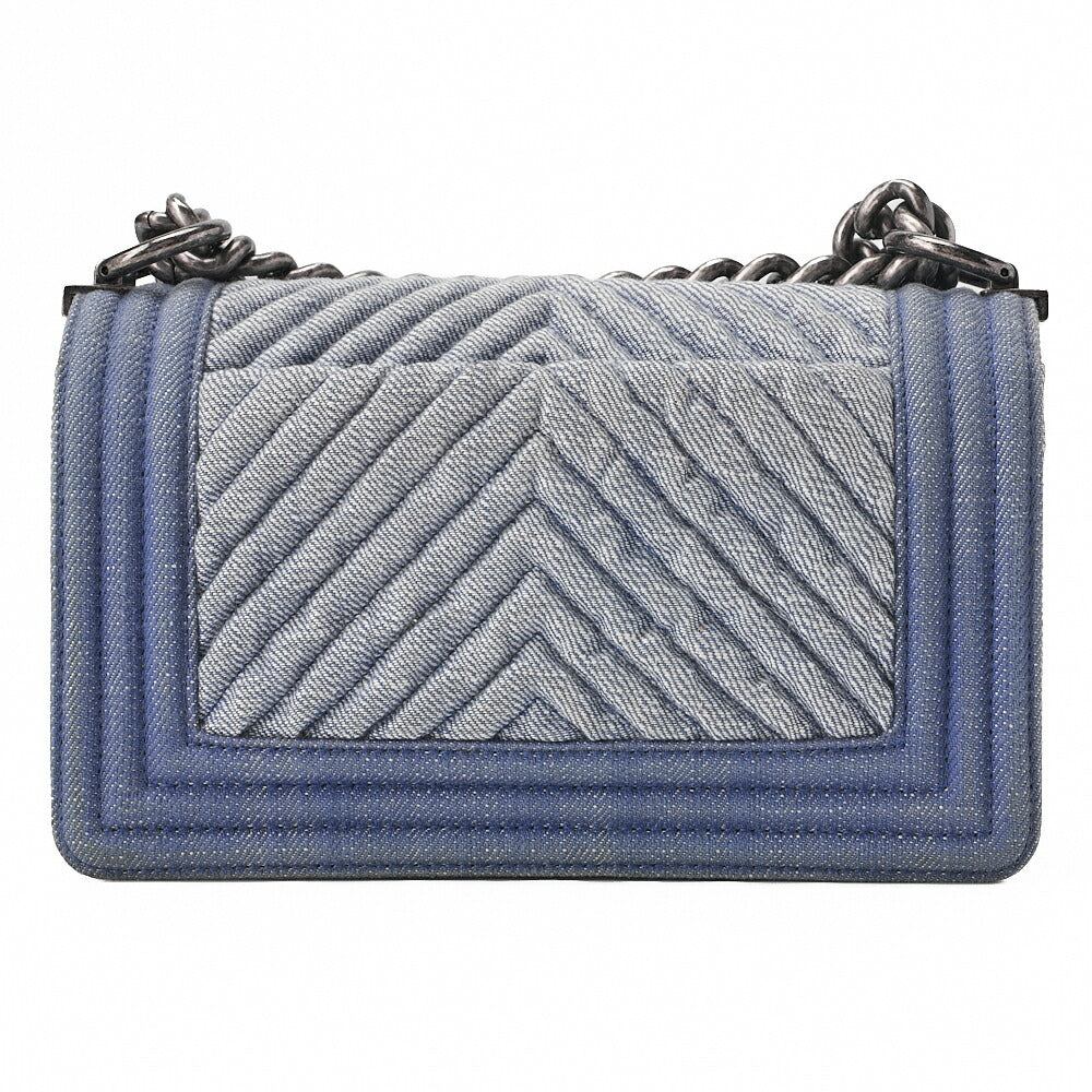 CHANEL Boy Chanel 20cm Chevron Chain Shoulder Denim Blue Silver-Tone Hardware, Pre-Owned