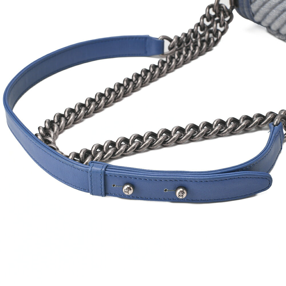 CHANEL Boy Chanel 20cm Chevron Chain Shoulder Denim Blue Silver-Tone Hardware, Pre-Owned