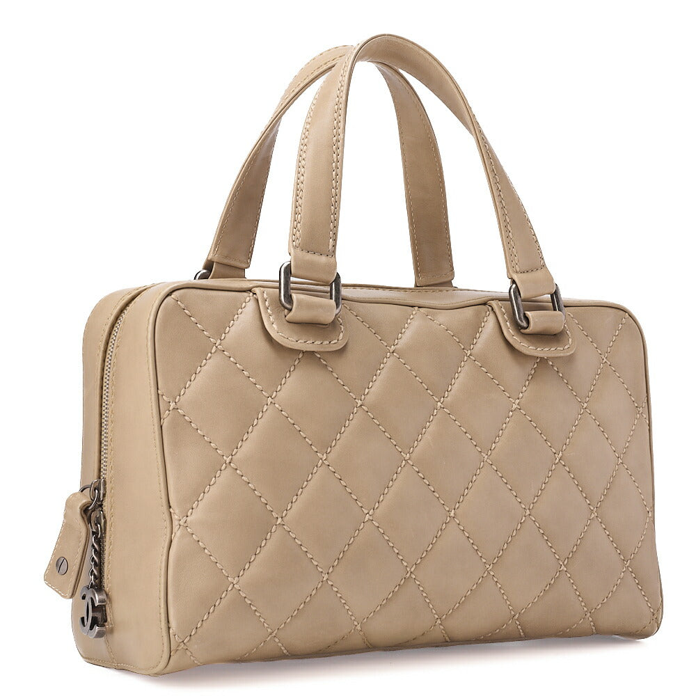 CHANEL Matelasse Wild Stitch Coco Charm Tote Bag Calf Leather Beige Silver -Tone Hardware, Pre-Owned