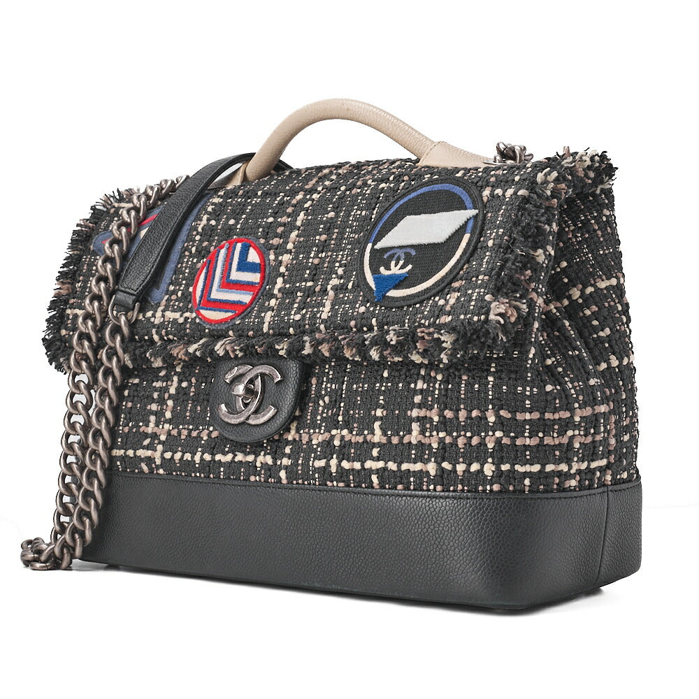 CHANEL Chanel Patch Air Line 2WAY Chain Shoulder Bag Tweed x Caviar Skin Black x Bicolor Silver-Tone Hardware, Pre-Owned