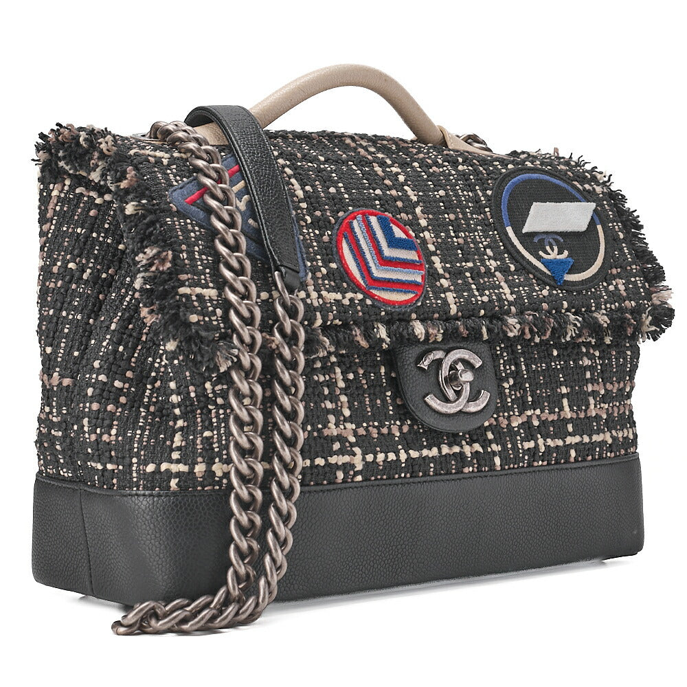 CHANEL Chanel Patch Air Line 2WAY Chain Shoulder Bag Tweed x Caviar Skin Black x Bicolor Silver-Tone Hardware, Pre-Owned