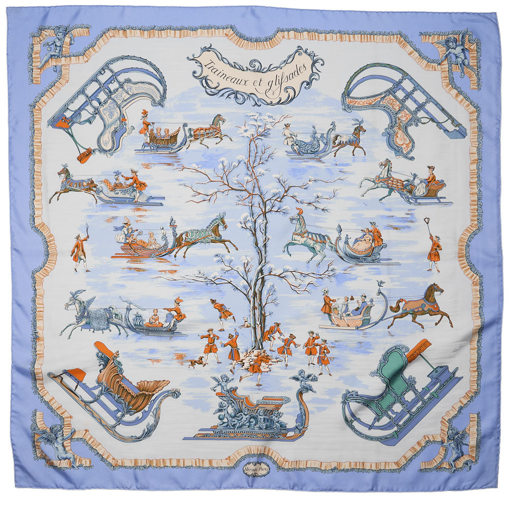 HERMES Carr? 90 Traineaux et glifsades Sled and Skate Scarf Light Blue-Tone  Pre-Owned