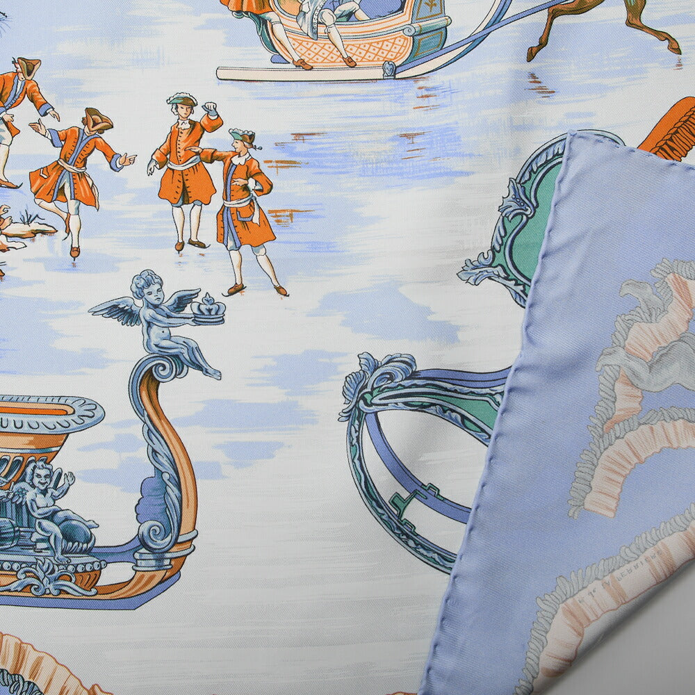 HERMES Carr? 90 Traineaux et glifsades Sled and Skate Scarf Light Blue-Tone  Pre-Owned