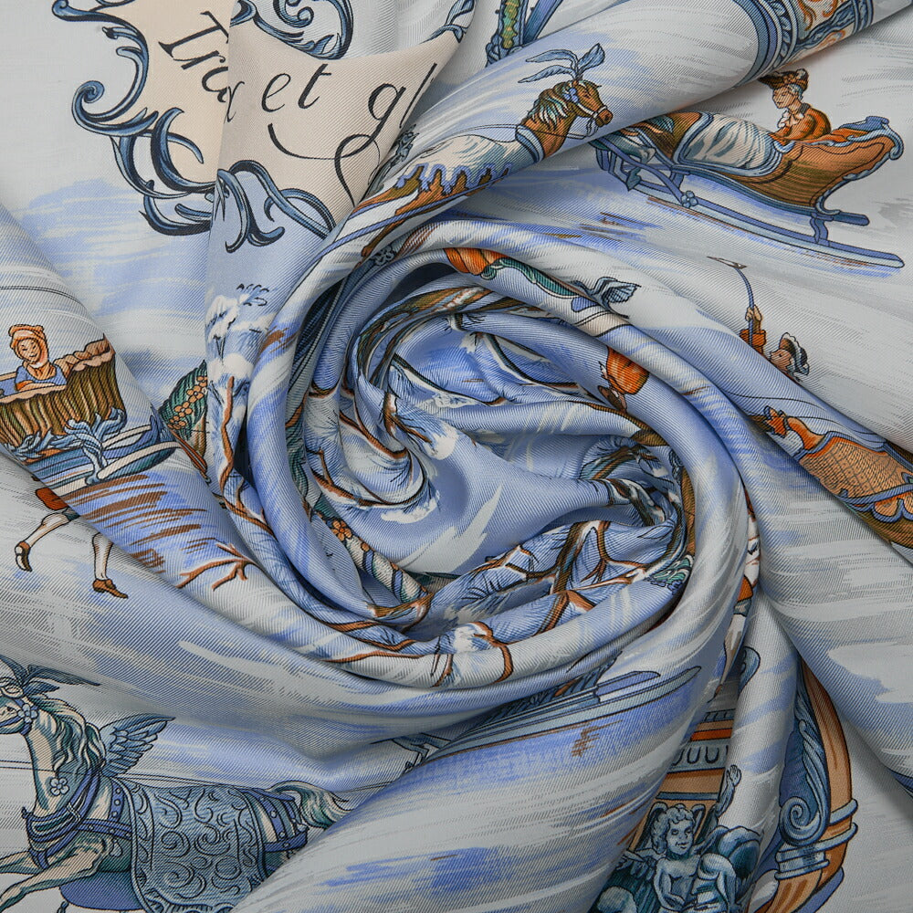 HERMES Carr? 90 Traineaux et glifsades Sled and Skate Scarf Light Blue-Tone  Pre-Owned