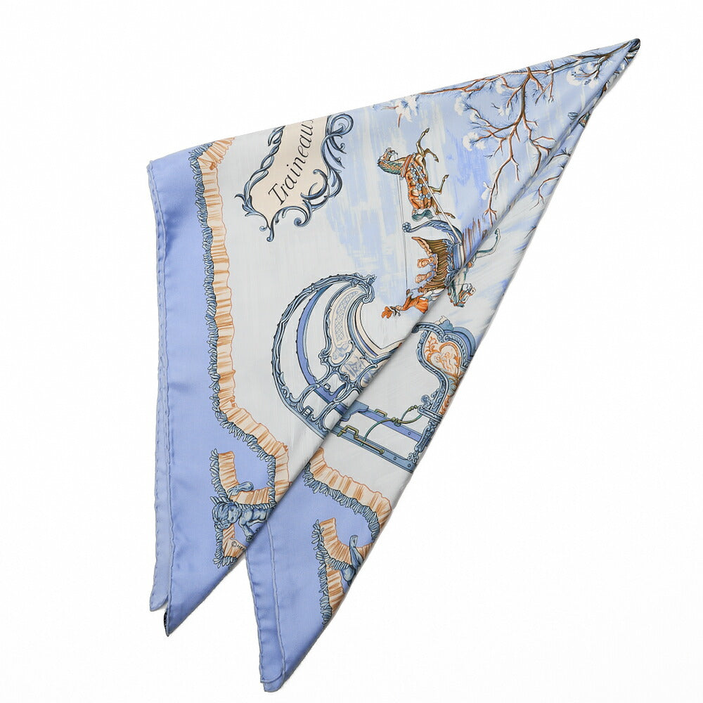 HERMES Carr? 90 Traineaux et glifsades Sled and Skate Scarf Light Blue-Tone  Pre-Owned