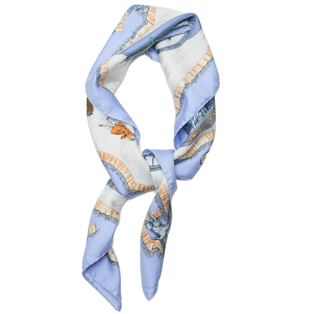HERMES Carr? 90 Traineaux et glifsades Sled and Skate Scarf Light Blue-Tone  Pre-Owned