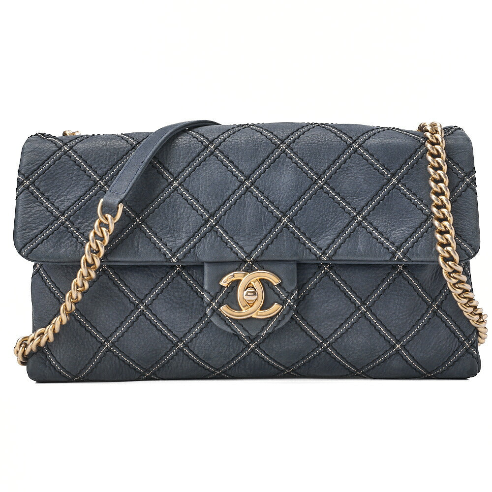 CHANEL Ultra Stitch Matelasse Chain Shoulder Bag Single Flap Leather Navy Gold-Tone Hardware, Pre-Owned