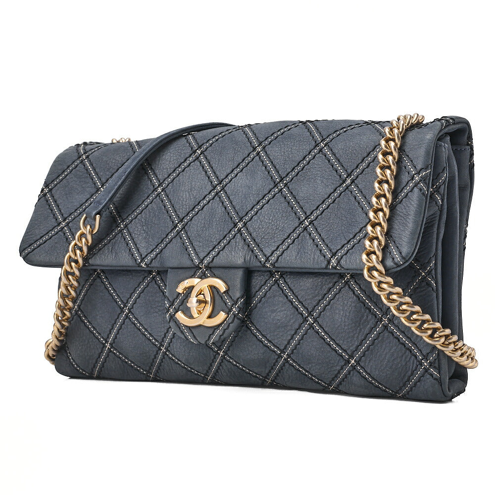 CHANEL Ultra Stitch Matelasse Chain Shoulder Bag Single Flap Leather Navy Gold-Tone Hardware, Pre-Owned