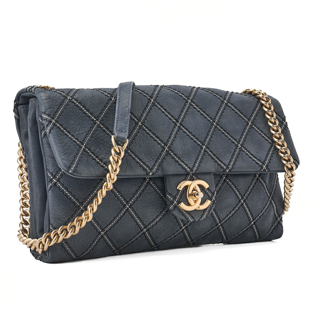 CHANEL Ultra Stitch Matelasse Chain Shoulder Bag Single Flap Leather Navy Gold-Tone Hardware, Pre-Owned