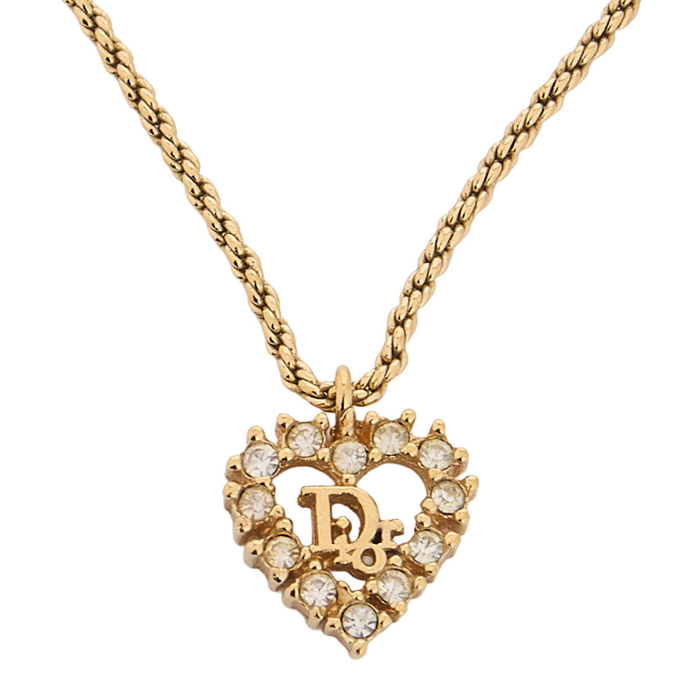 DIOR Dior Heart Logo Rhinestone Necklace GP Gold (Gold Plated) Gold-Tone Hardware, Pre-Owned