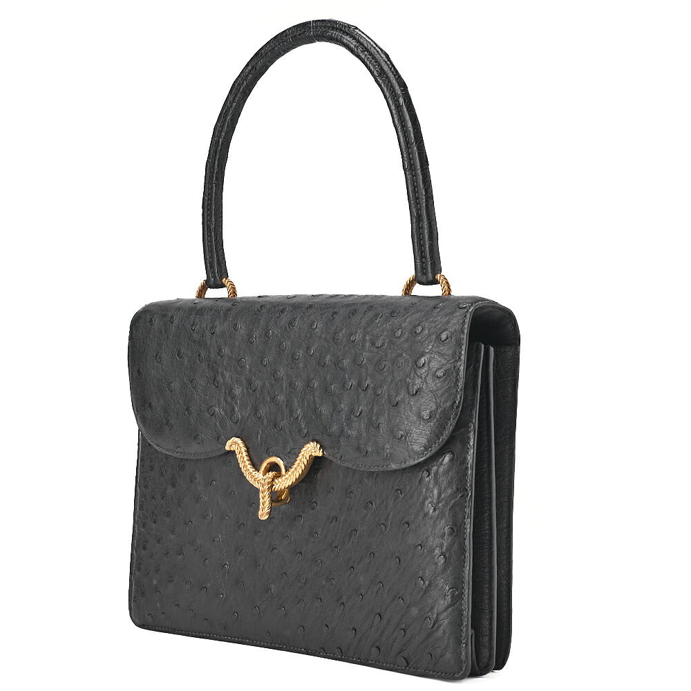 HERMES Vasco Ostrich Handbag Black Gold-Tone Hardware, Pre-Owned