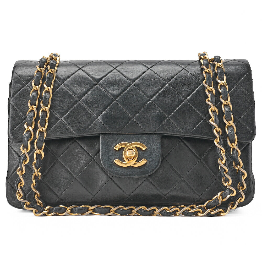 CHANEL Chain Shoulder Bag Matelasse 23cm Double Flap Lambskin Black Gold-Tone Hardware, Pre-Owned