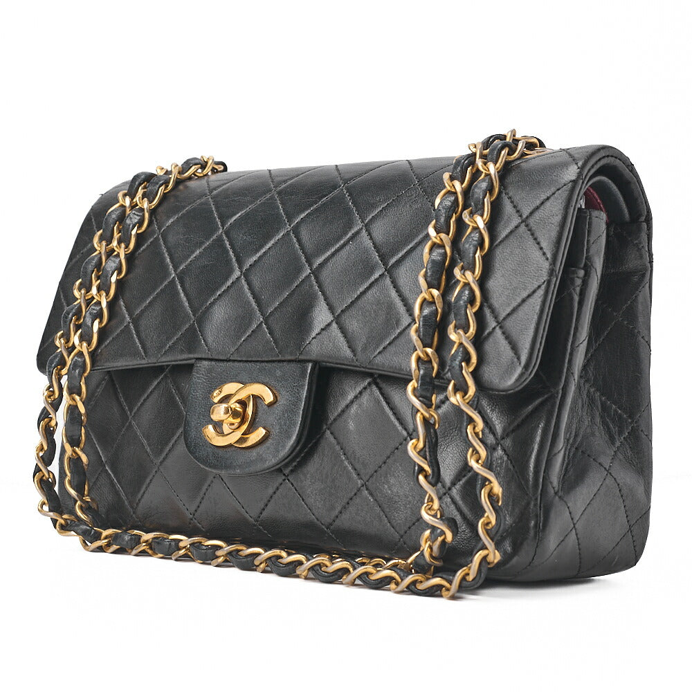 CHANEL Chain Shoulder Bag Matelasse 23cm Double Flap Lambskin Black Gold-Tone Hardware, Pre-Owned