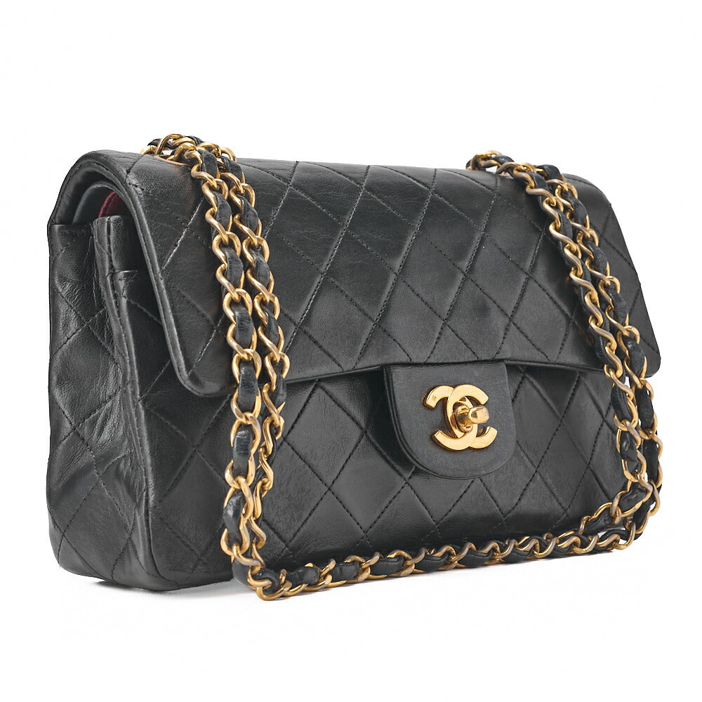 CHANEL Chain Shoulder Bag Matelasse 23cm Double Flap Lambskin Black Gold-Tone Hardware, Pre-Owned