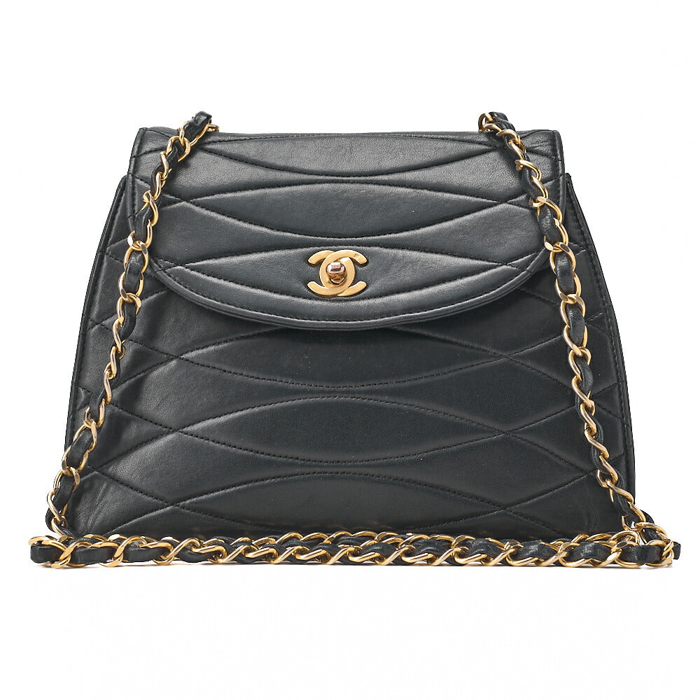 CHANEL Shoulder Bag Wave Stitching Round Flap Chain Shoulder Lambskin Black Gold-Tone Hardware, Pre-Owned