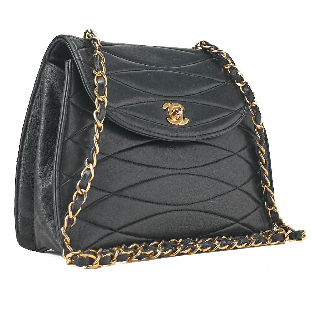 CHANEL Shoulder Bag Wave Stitching Round Flap Chain Shoulder Lambskin Black Gold-Tone Hardware, Pre-Owned