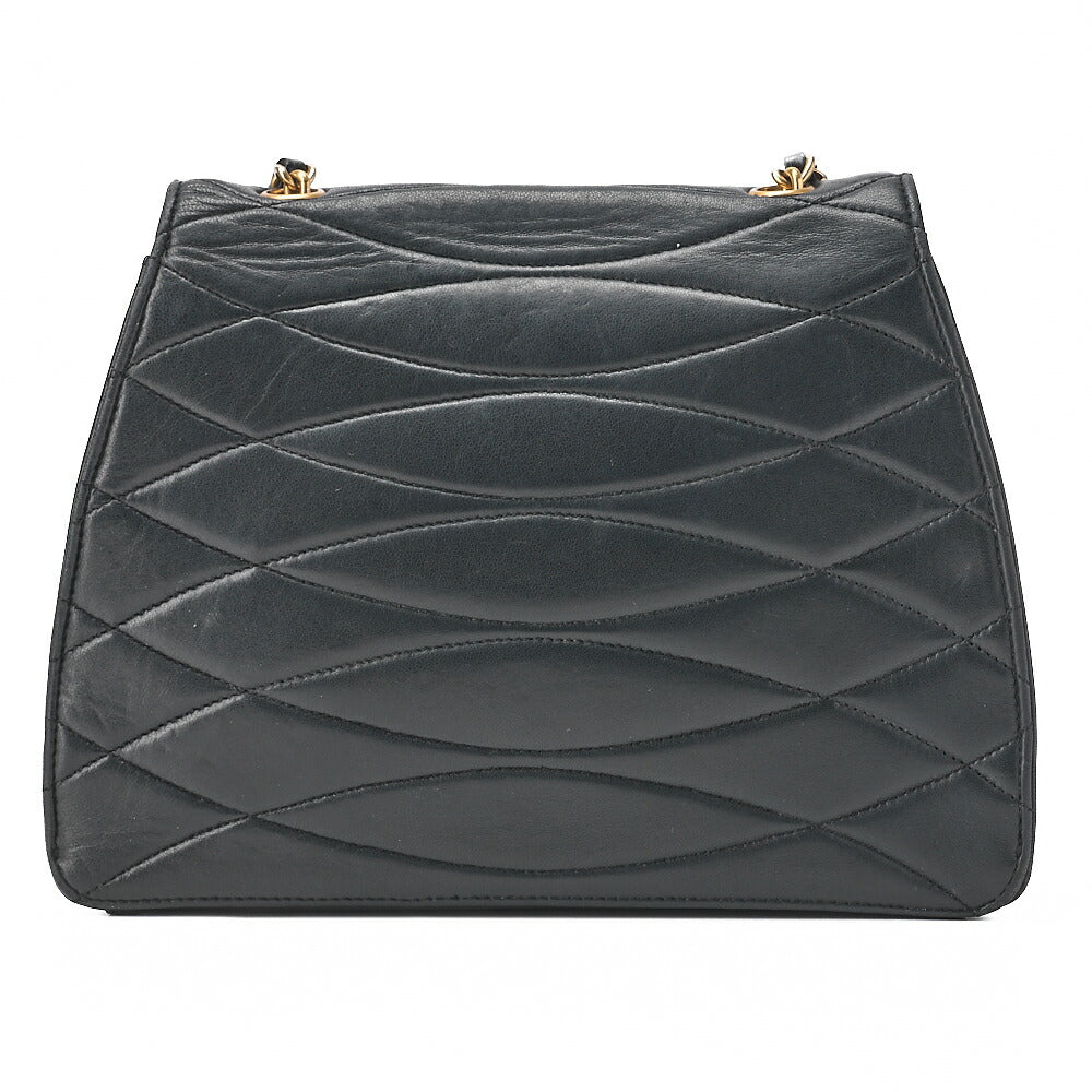 CHANEL Shoulder Bag Wave Stitching Round Flap Chain Shoulder Lambskin Black Gold-Tone Hardware, Pre-Owned