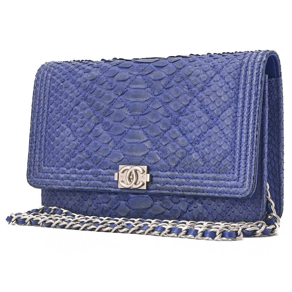 CHANEL Boy Chanel Matelasse Chain Wallet Python Blue Silver-Tone Hardware, Pre-Owned