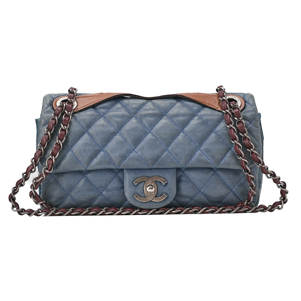 CHANEL Sparkle Leather x Vintage Calf Matelasse Single Chain Shoulder Navy x Brown Silver-Tone Hardware, Pre-Owned