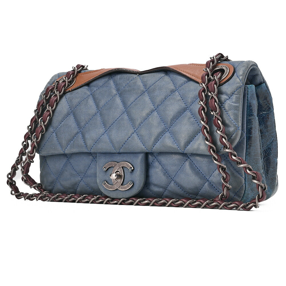 CHANEL Sparkle Leather x Vintage Calf Matelasse Single Chain Shoulder Navy x Brown Silver-Tone Hardware, Pre-Owned
