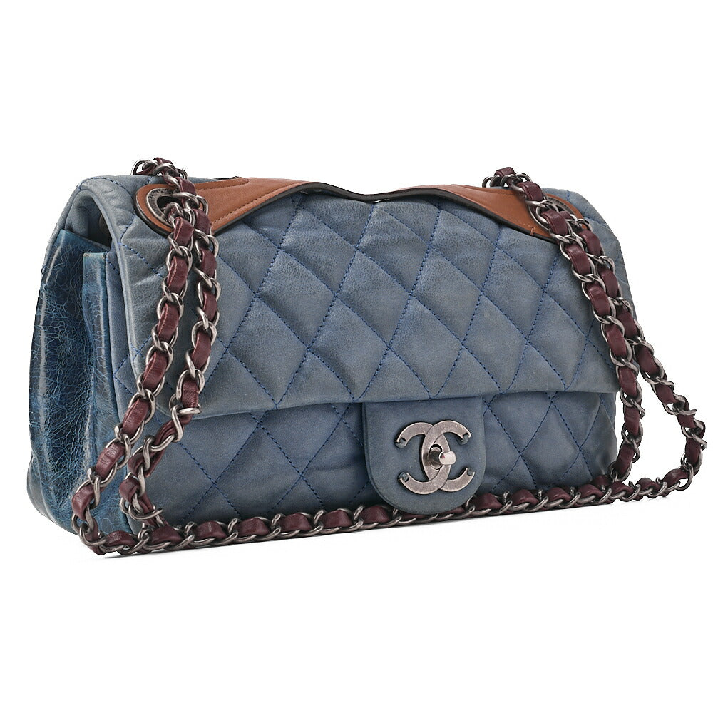 CHANEL Sparkle Leather x Vintage Calf Matelasse Single Chain Shoulder Navy x Brown Silver-Tone Hardware, Pre-Owned