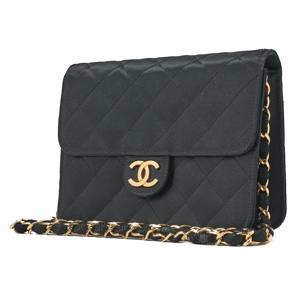 CHANEL Mini Matelasse Push Lock Chain Shoulder Satin Black Gold-Tone Hardware, Pre-Owned