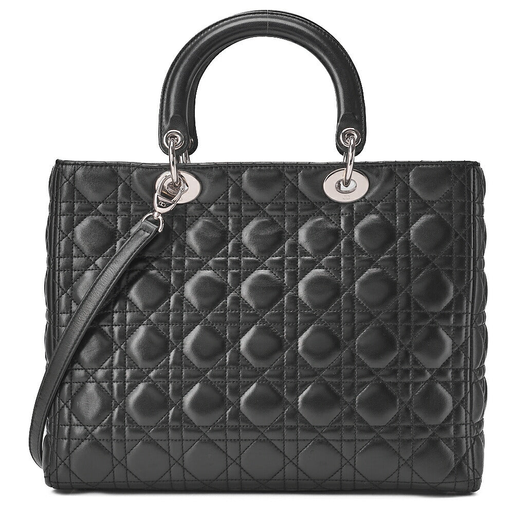 Dior Lady Dior Cannage Handbag Large Size 2way Shoulder Lambskin Silver-Tone Hardware, Pre-Owned