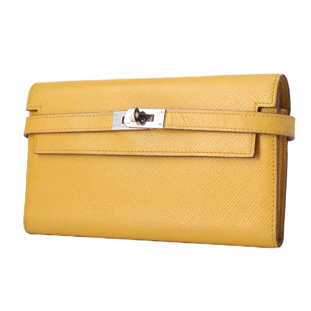 HERMES Kelly Wallet 3-fold Long Wallet Epson Yellow Silver-Tone Hardware, Pre-Owned