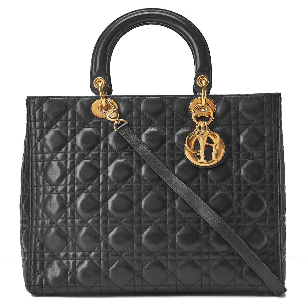 Dior Lady Dior Cannage Handbag Large Size 2way Shoulder Lambskin Gold-Tone Hardware, Pre-Owned