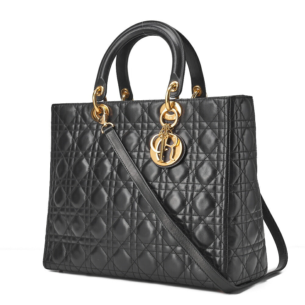 Dior Lady Dior Cannage Handbag Large Size 2way Shoulder Lambskin Gold-Tone Hardware, Pre-Owned