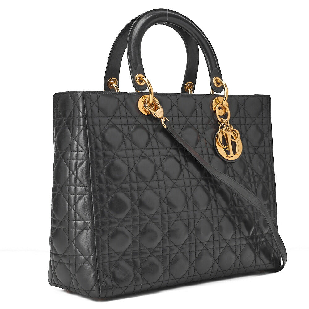 Dior Lady Dior Cannage Handbag Large Size 2way Shoulder Lambskin Gold-Tone Hardware, Pre-Owned