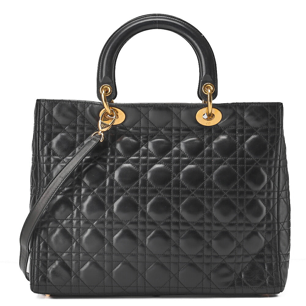 Dior Lady Dior Cannage Handbag Large Size 2way Shoulder Lambskin Gold-Tone Hardware, Pre-Owned