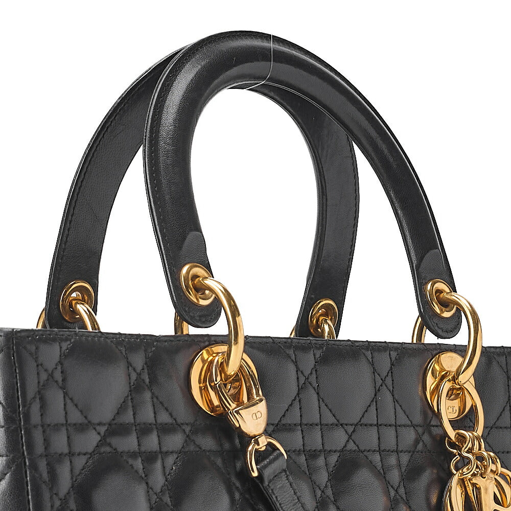 Dior Lady Dior Cannage Handbag Large Size 2way Shoulder Lambskin Gold-Tone Hardware, Pre-Owned
