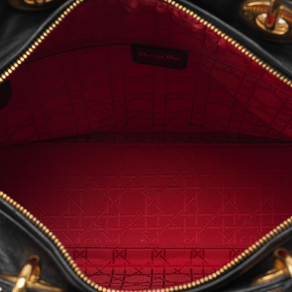 Dior Lady Dior Cannage Handbag Large Size 2way Shoulder Lambskin Gold-Tone Hardware, Pre-Owned