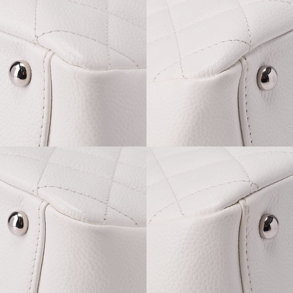 CHANEL Matelasse Double Chain Tote Bag PTT Caviar Skin White Silver-Tone Hardware, Pre-Owned