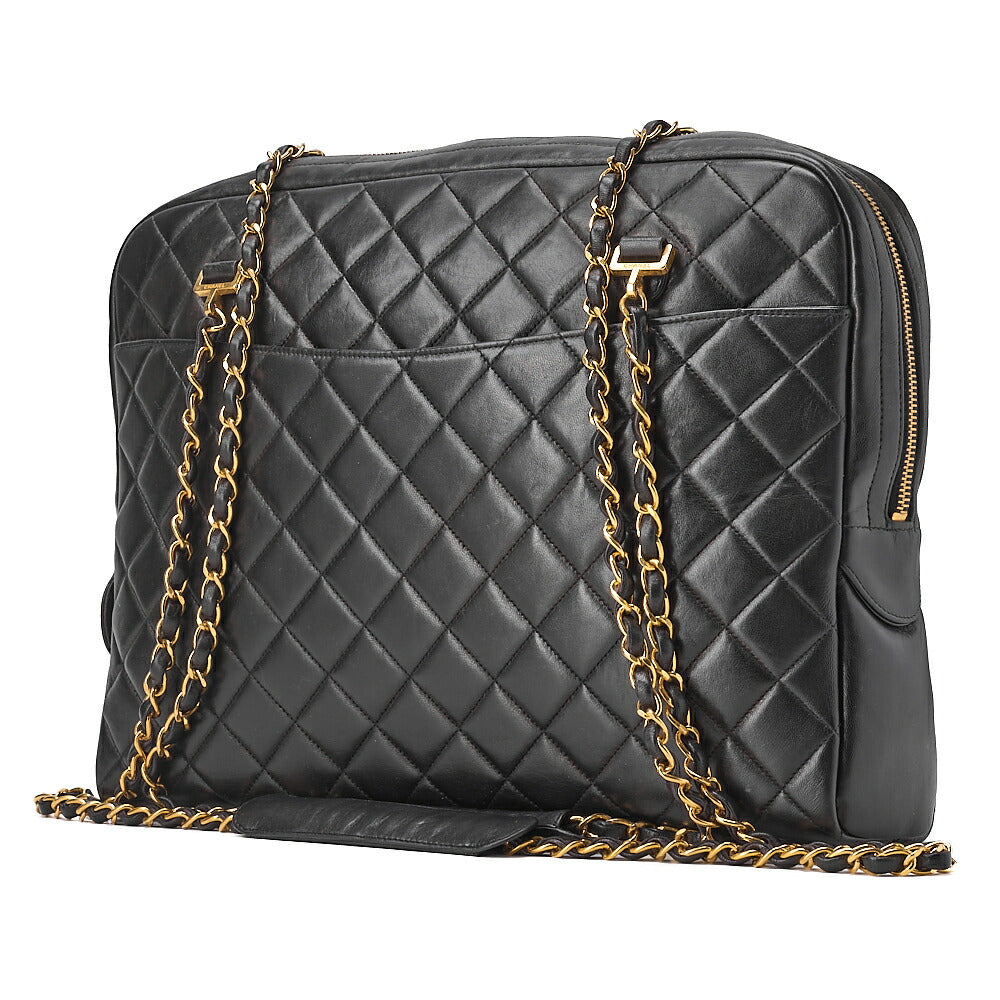 CHANEL Matelasse Double Chain Shoulder Bag Large Size Lambskin Black Gold-Tone Hardware, Pre-Owned