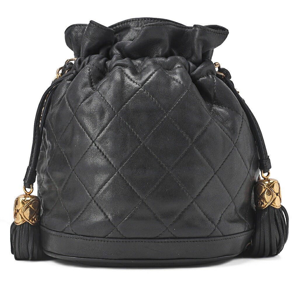 CHANEL Chain Shoulder Matelasse Fringe Drawstring Lambskin Black Gold-Tone Hardware, Pre-Owned