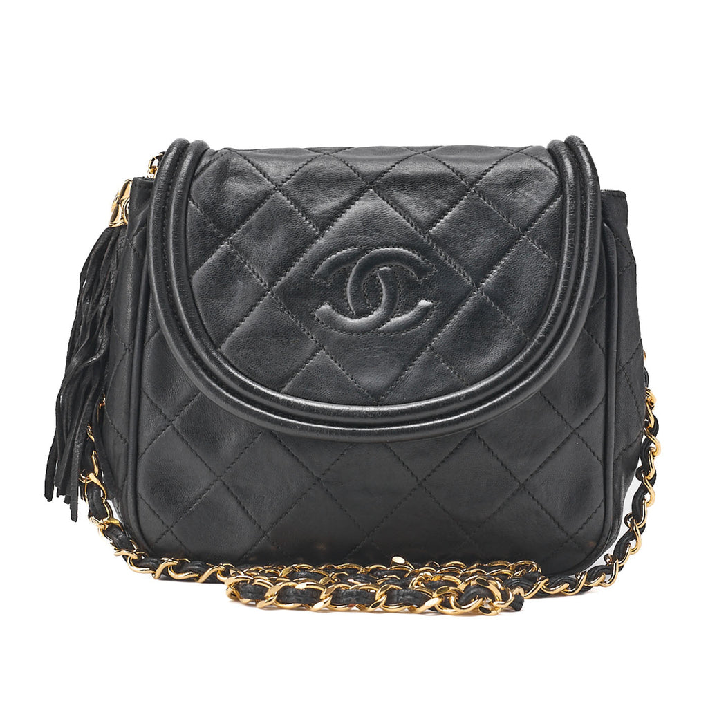 CHANEL Matelasse Coco Mark Fringe Chain Shoulder Lambskin Black Gold-Tone Hardware, Pre-Owned