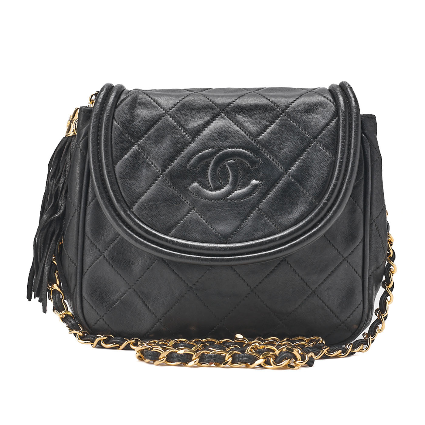 CHANEL Matelasse Coco Mark Fringe Chain Shoulder Lambskin Black Gold-Tone Hardware, Pre-Owned