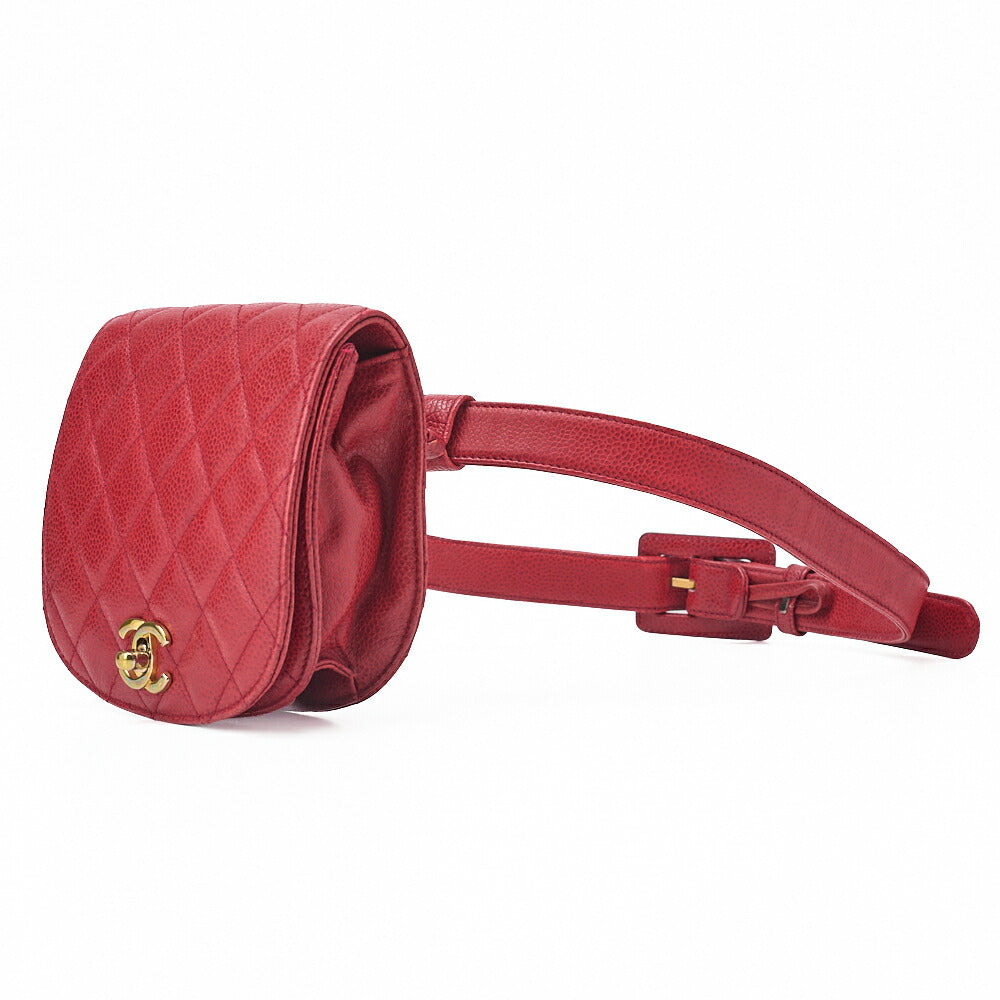 CHANEL Waist Bag Matelasse Turnlock Round Caviar Skin Red Gold-Tone Hardware, Pre-Owned