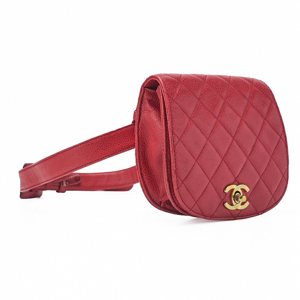 CHANEL Waist Bag Matelasse Turnlock Round Caviar Skin Red Gold-Tone Hardware, Pre-Owned