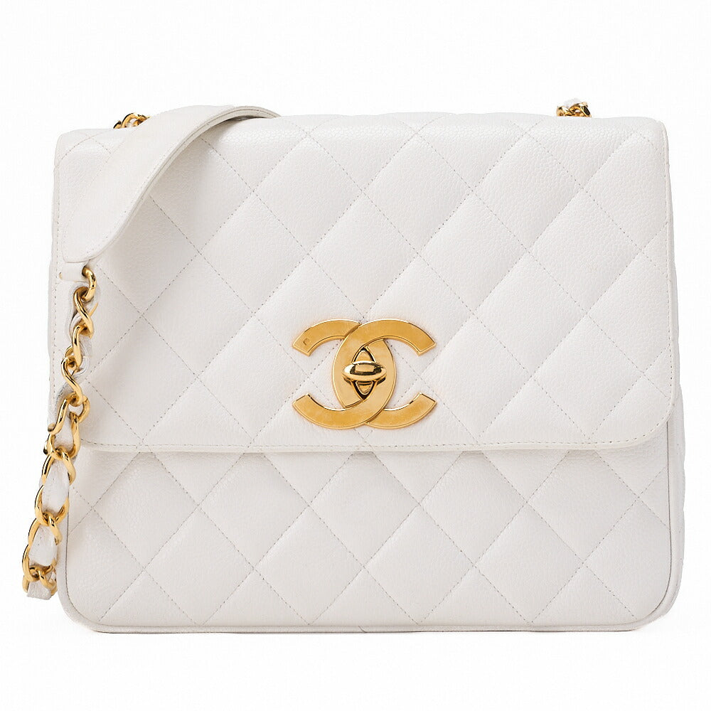 CHANEL Chain Shoulder Bag Matelasse Big Coco Square Caviar Skin White Gold-Tone Hardware, Pre-Owned