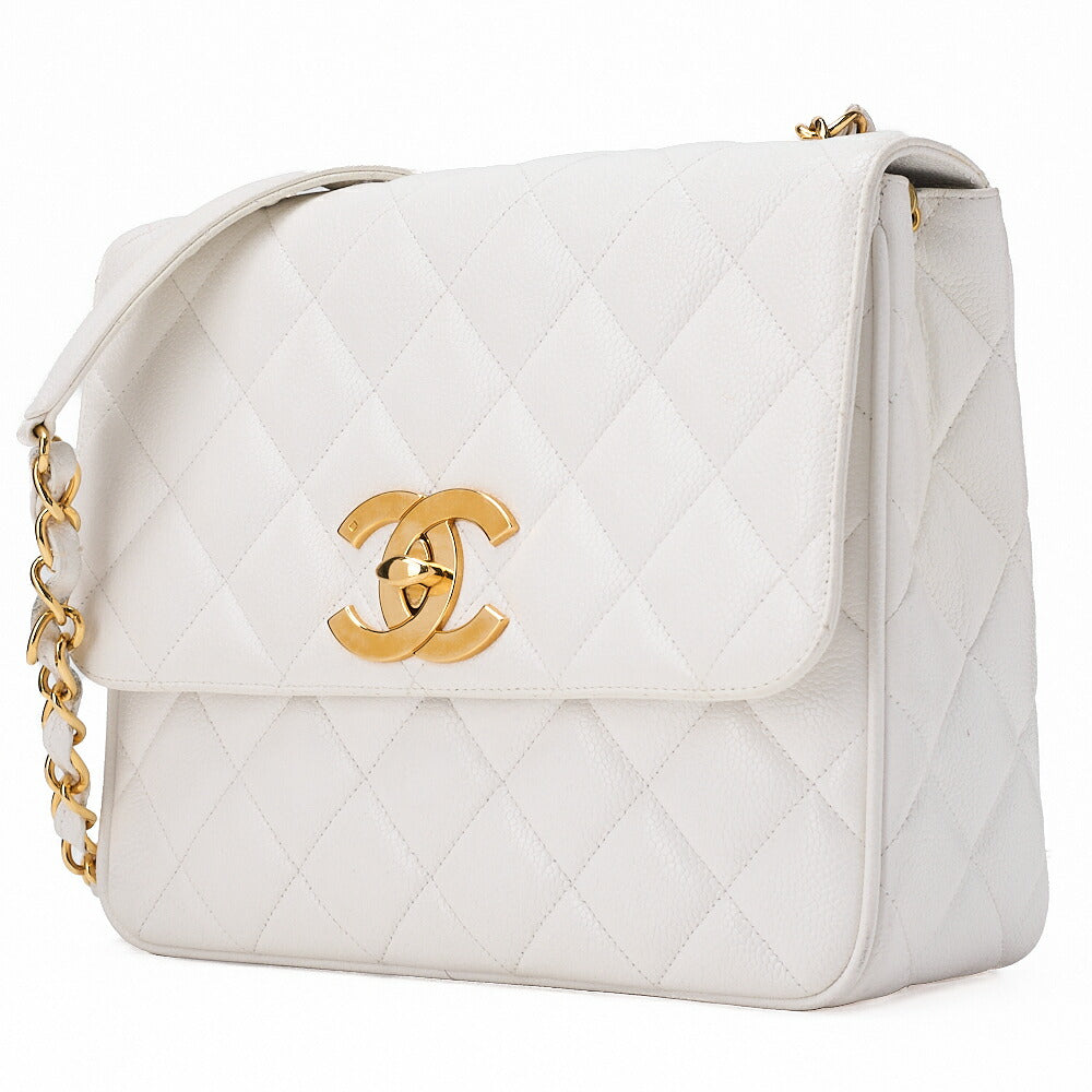 CHANEL Chain Shoulder Bag Matelasse Big Coco Square Caviar Skin White Gold-Tone Hardware, Pre-Owned