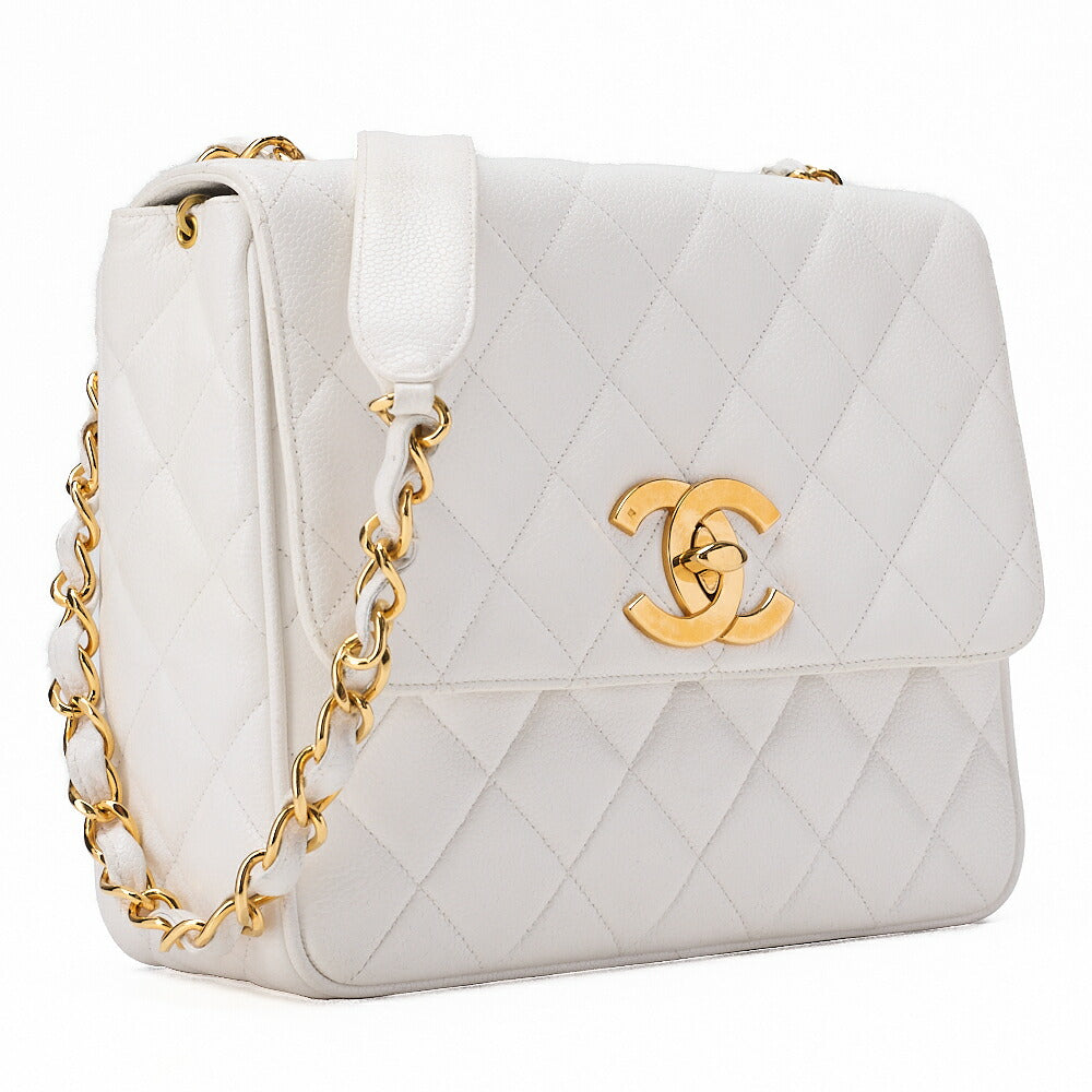 CHANEL Chain Shoulder Bag Matelasse Big Coco Square Caviar Skin White Gold-Tone Hardware, Pre-Owned