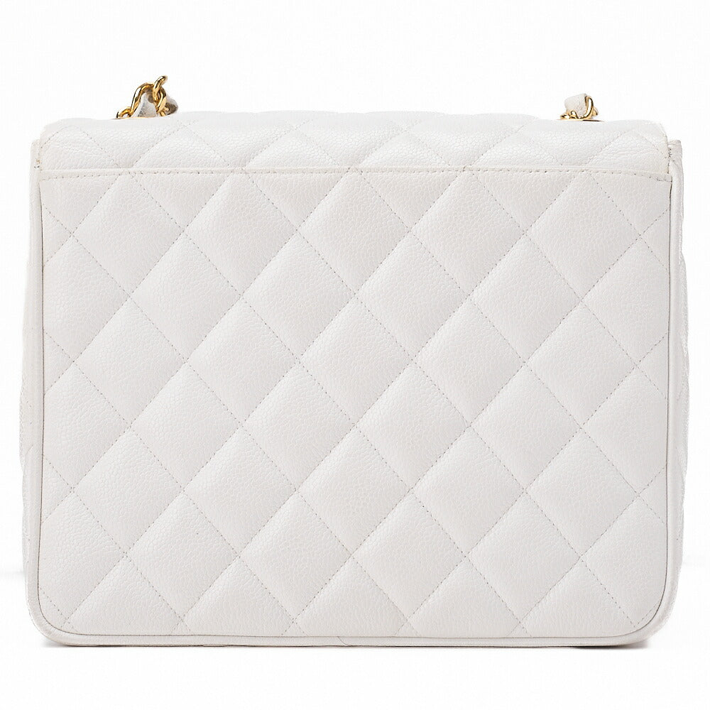 CHANEL Chain Shoulder Bag Matelasse Big Coco Square Caviar Skin White Gold-Tone Hardware, Pre-Owned