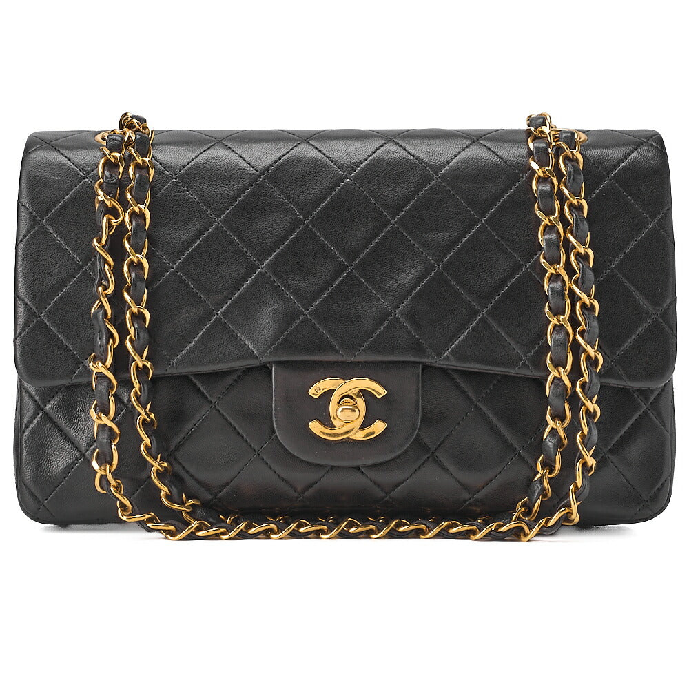 CHANEL Lambskin Matelasse 25cm Double Flap Chain Shoulder Black Gold-Tone Hardware, Pre-Owned