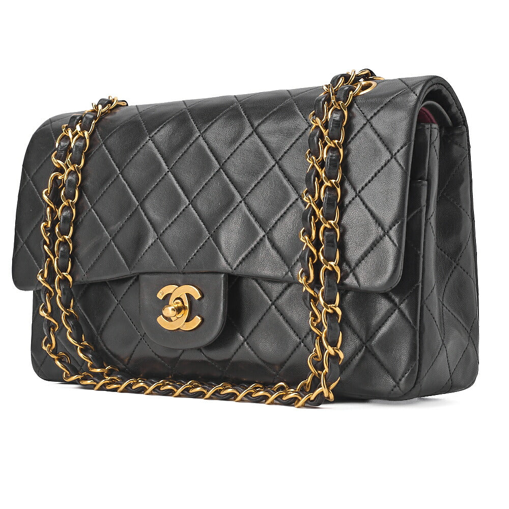 CHANEL Lambskin Matelasse 25cm Double Flap Chain Shoulder Black Gold-Tone Hardware, Pre-Owned