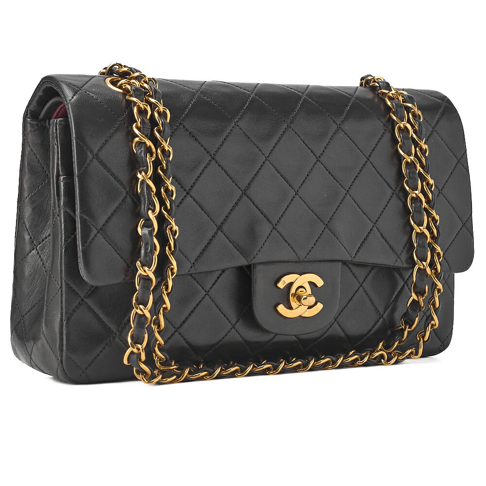 CHANEL Lambskin Matelasse 25cm Double Flap Chain Shoulder Black Gold-Tone Hardware, Pre-Owned