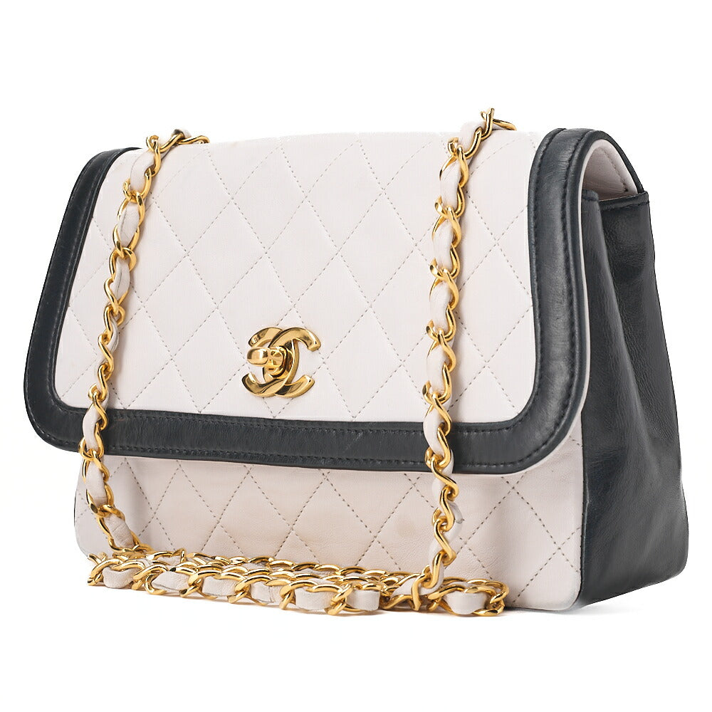 CHANEL Lambskin Matelasse Design Flap Single Chain Shoulder Black x White Gold-Tone Hardware, Pre-Owned